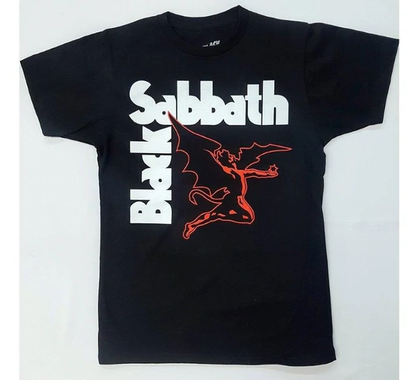 Black Sabbath- Red Outline Flying Demon With Vertical Logo - T-Shirt